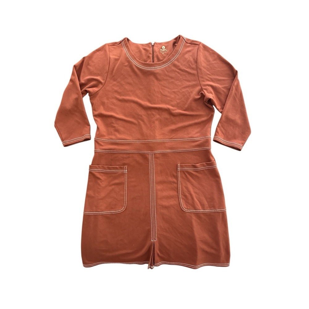 Spartina 449 Contrast Stitch Sheath‎ Dress Size XL Brown Pockets 3/4 Sleeves